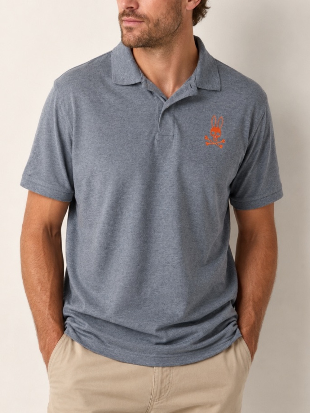 Psycho Bunny Gray Polo Shirt Orange Bunny Skull Logo Cotton Short Sleeve Classic